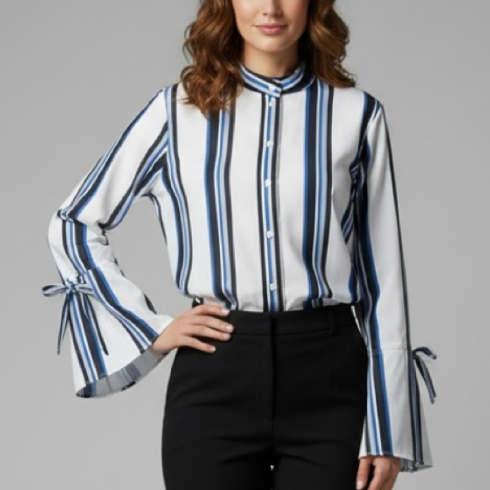 W by Worth Top White Blue Striped Flared Cuff Button Down S Office Work Job Chic